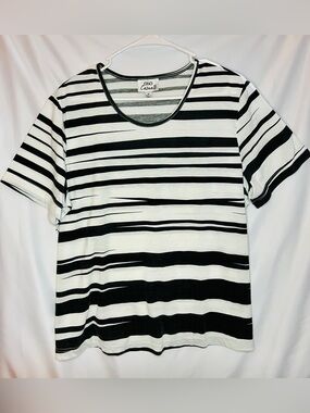 OSO Casuals Striped Short Sleeve Top Black White Plus Size 1X Crew Neck Tee